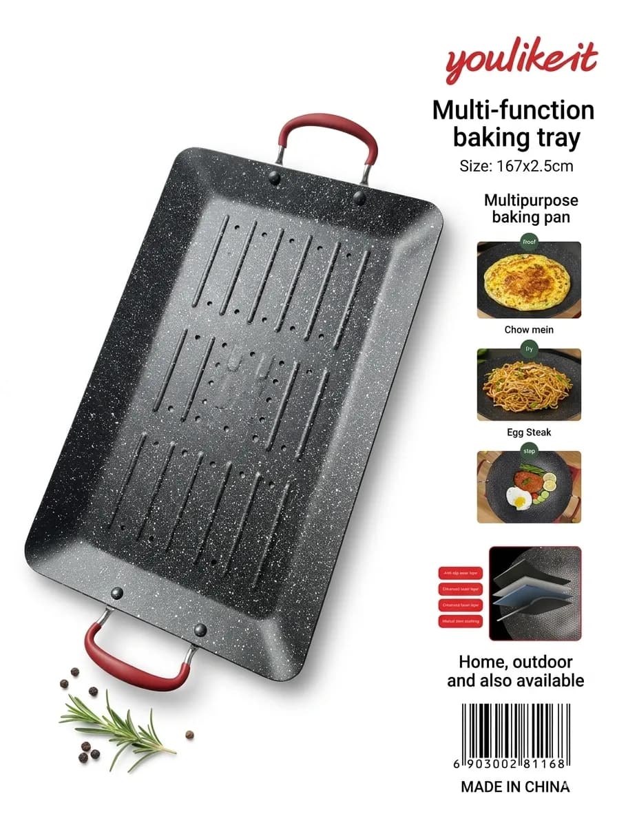 Le produit Plaque de grillade antiadhésive double face effet pierre – Plancha cuisine avec poignées résistantes